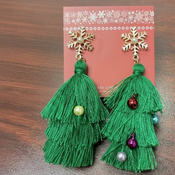Christmas Tree Earrings Dangle Drop Dangling Tassel Holiday Ladies Boho Jewelry - Picture 5 of 6